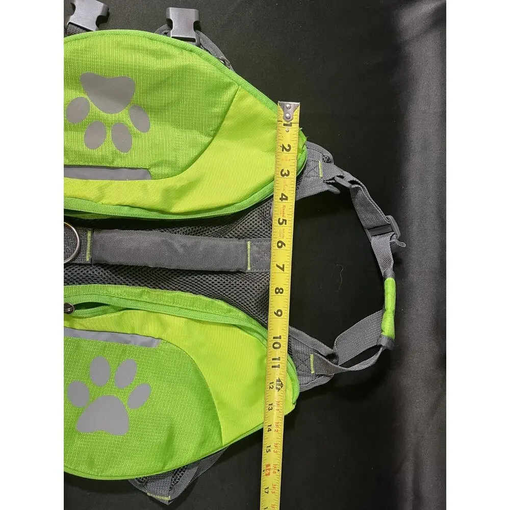 dog Saddlebag Backpack Harness Reflective Paw Print Green Gray Adjustable S/M